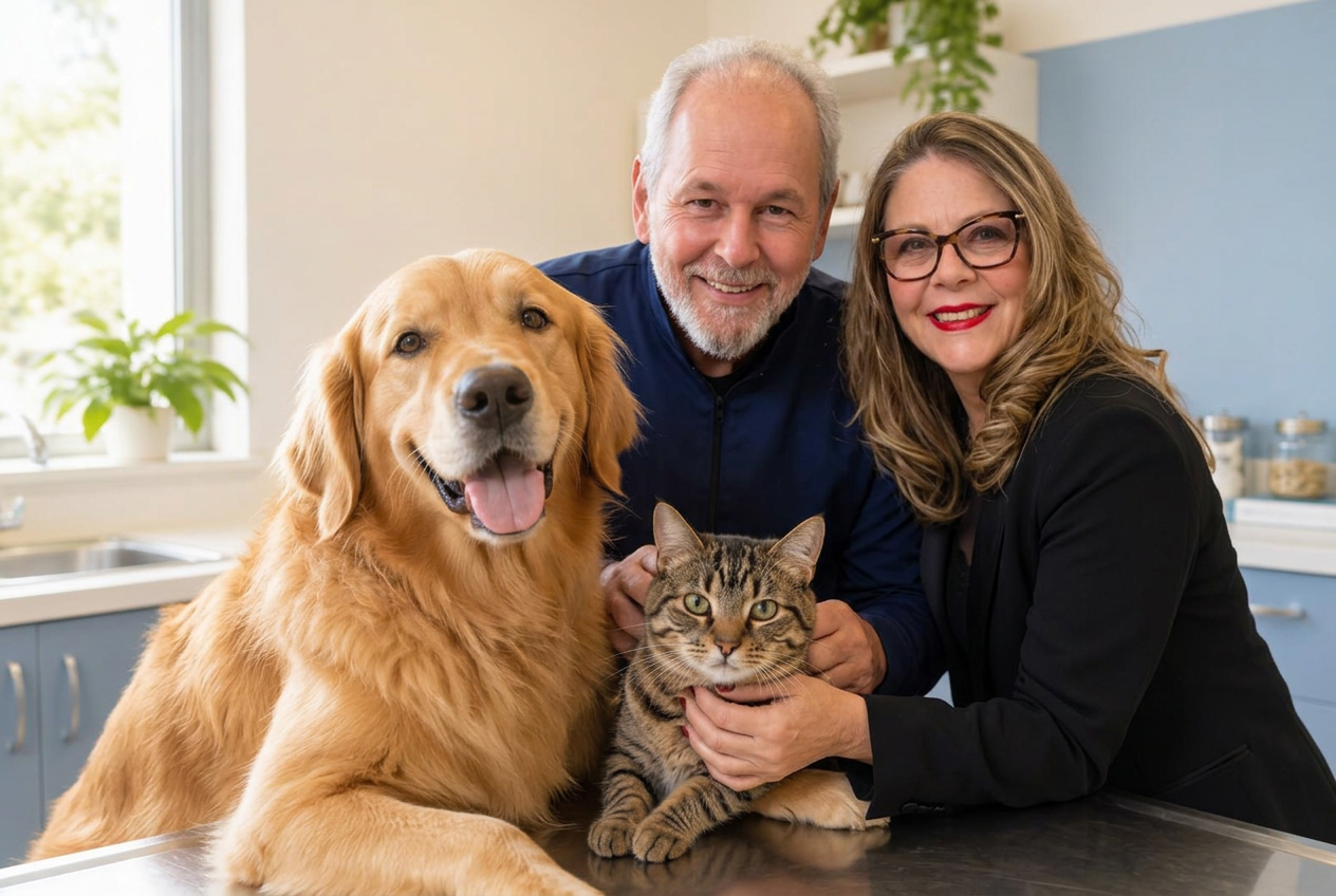 Composição com Dr. Alvaro Lima e Nádia Lima ao lado de um cão e um gato